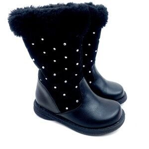 Rachel Toddler Girls Tall Boots Size 8M Black Faux Fur Rhinestones Zipper